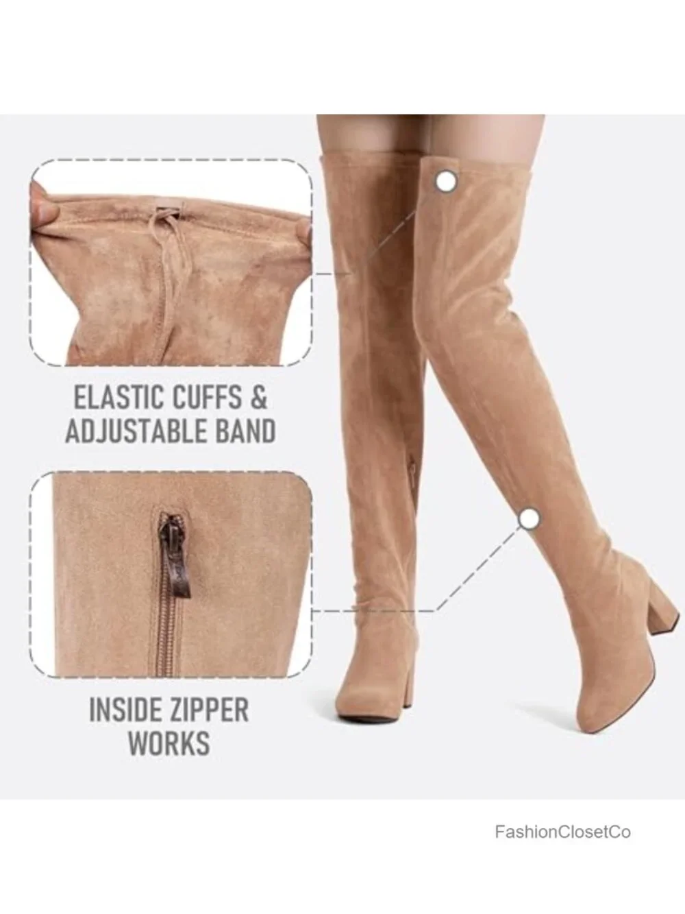 Over Knee Thigh High Block Heel Boots Faux Suede Zip